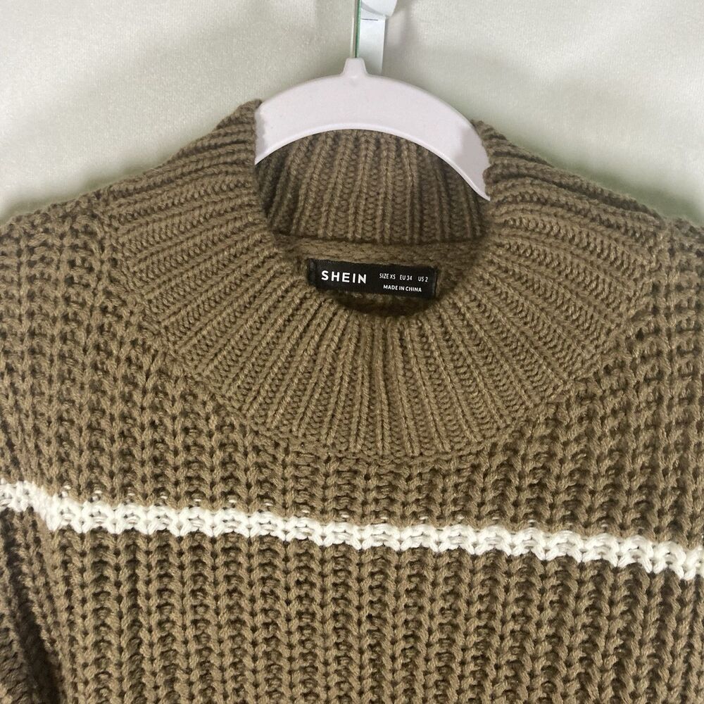 SHEIN brown white striped crew neck long sleeve knit pullover sweater XS - Picture 2 of 8
